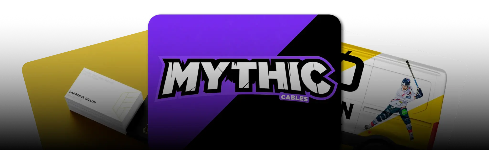 three images overlayed like a fan. Text Mythic Cables in white, purple and black