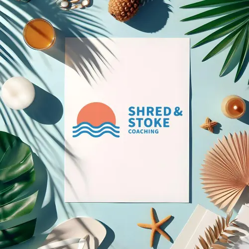 tropical palm tree leaves, shells and star fish on a blue background. White paper showing logo of Shred and Stoke with orange sun and blue waves