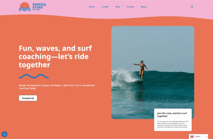 Website screen shot in orange and pink tones. Shows image of women surfing a wave and text showing surfing camp.